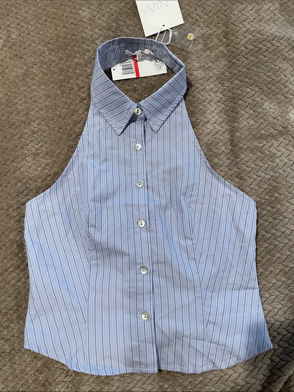 NIA Sleeveless Blue Pinstripe Halter Dress Shirt